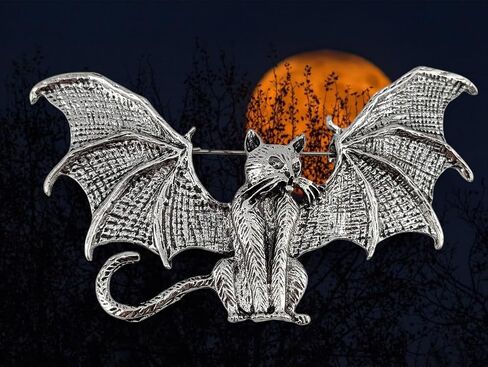 Silver-tone Bat Winged Demon Kitty Brooch - Large Devil Vampire Cat Gothic Halloween Pin in Saudi Arabia