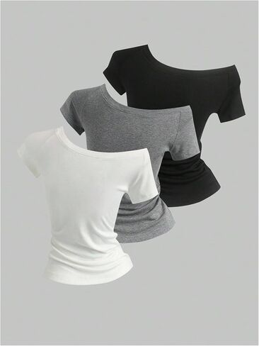 WDIRARA Women's 3 Pack Off The Shoulder T Shirts Ruched Short Sleeve Tee Asymmetrical Neck Fitted Tops in Saudi Arabia