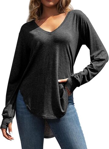 Womens Deep V Neck Long Sleeve Tops Loose Fit Oversized T Shirt Side Slit High Low Tunic Tops with Thumb Hole in Saudi Arabia