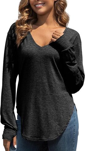 Womens Deep V Neck Long Sleeve Tops Loose Fit Oversized T Shirt Side Slit High Low Tunic Tops with Thumb Hole in Saudi Arabia