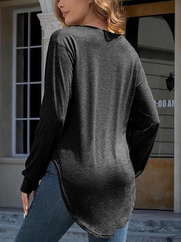 Womens Deep V Neck Long Sleeve Tops Loose Fit Oversized T Shirt Side Slit High Low Tunic Tops with Thumb Hole in Saudi Arabia