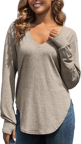 Womens Deep V Neck Long Sleeve Tops Loose Fit Oversized T Shirt Side Slit High Low Tunic Tops with Thumb Hole in Saudi Arabia