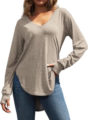 Womens Deep V Neck Long Sleeve Tops Loose Fit Oversized T Shirt Side Slit High Low Tunic Tops with Thumb Hole in Saudi Arabia