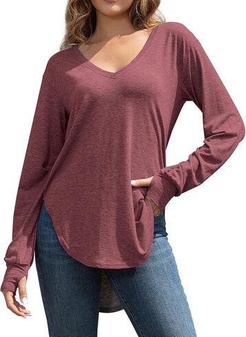 تي شيرت حريمي عميق بياقة على شكل V وأكمام طويلة فضفاض مناسب مقاس كبير تي شيرت بفتحة جانبية عالية ومنخفضة مع فتحة إبهام in Kuwait