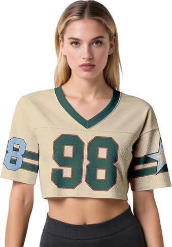 Jiveels Cropped Top Jersey for Women Y2k Hip Hop Plain Football Jersey Crop Top V Neck Short Sleeve Shirts Mesh Streetwear in Saudi Arabia
