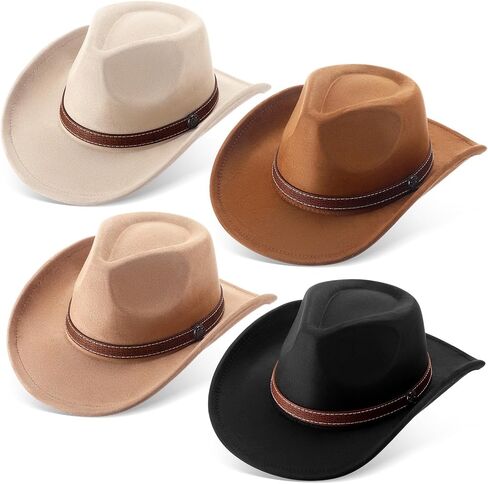 4 Pcs Classic Western Cowboy Hat Felt Wide Brim Cowgirl Hats with Belt Buckle for Women Men Adults Costume Party in Saudi Arabia