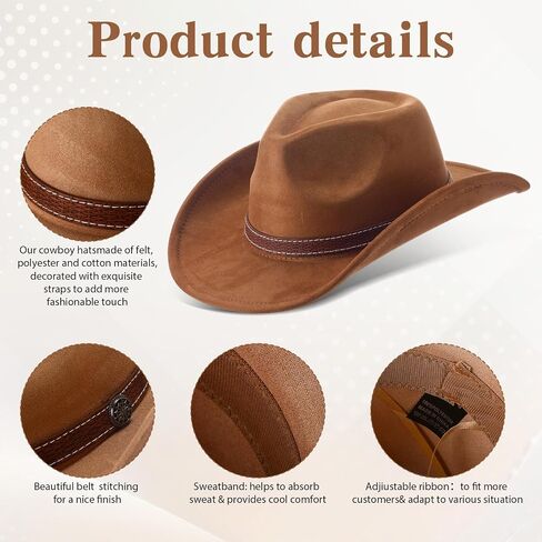 4 Pcs Classic Western Cowboy Hat Felt Wide Brim Cowgirl Hats with Belt Buckle for Women Men Adults Costume Party in Saudi Arabia