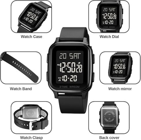 findtime LED Digital Watch Mens Womens Black Rectangle Square Face Big Numbers Dial Unisex Watches Sports Waterproof Dual Time Stopwatch Fashion Simple Wristwatch in Saudi Arabia