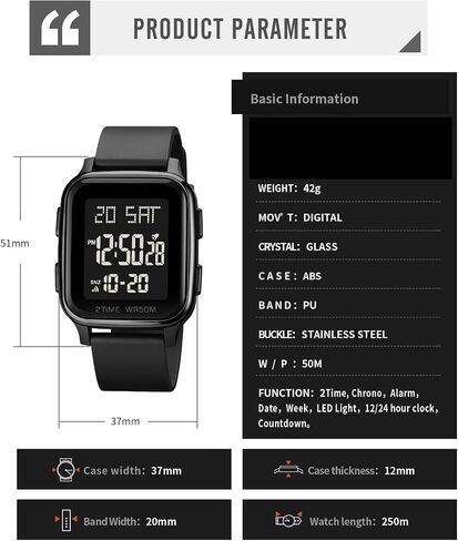 findtime LED Digital Watch Mens Womens Black Rectangle Square Face Big Numbers Dial Unisex Watches Sports Waterproof Dual Time Stopwatch Fashion Simple Wristwatch in Saudi Arabia