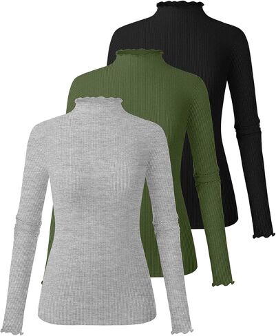 Ficerd 3 Pack Women's Turtleneck Shirt Long Sleeve Ribbed Knit Lettuce Trim Mock Neck Slim Fit Tops 2024 Fall Base Layer in Saudi Arabia
