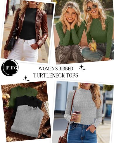 Ficerd 3 Pack Women's Turtleneck Shirt Long Sleeve Ribbed Knit Lettuce Trim Mock Neck Slim Fit Tops 2024 Fall Base Layer in Saudi Arabia