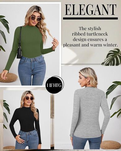 Ficerd 3 Pack Women's Turtleneck Shirt Long Sleeve Ribbed Knit Lettuce Trim Mock Neck Slim Fit Tops 2024 Fall Base Layer in Saudi Arabia