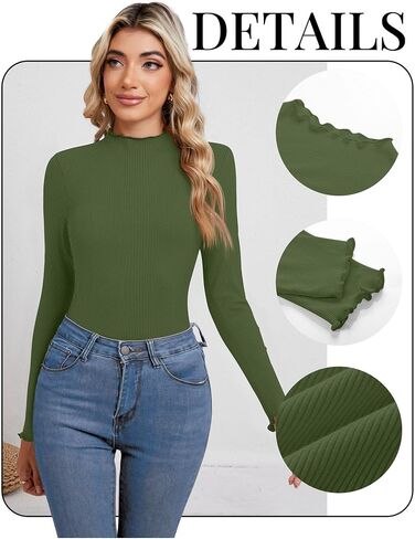 Ficerd 3 Pack Women's Turtleneck Shirt Long Sleeve Ribbed Knit Lettuce Trim Mock Neck Slim Fit Tops 2024 Fall Base Layer in Saudi Arabia