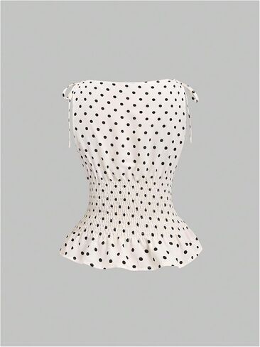 GORGLITTER Women's Polka Dots Boat Neck Tank Top Ruffle Tie Shoulder Smocked Going Out Y2k VestTops in Saudi Arabia