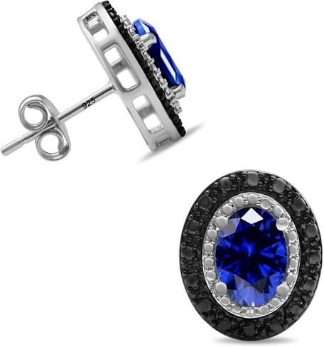 Jewelili Sterling Silver Accent Halo Stud Earrings for Women | 7x5 MM Oval Created Opal, Ruby & Blue Sapphire with Treated Black & Natural White Diamonds | Push Back Post | Jewelry Gift with Box in Saudi Arabia