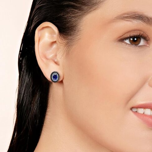 Jewelili Sterling Silver Accent Halo Stud Earrings for Women | 7x5 MM Oval Created Opal, Ruby & Blue Sapphire with Treated Black & Natural White Diamonds | Push Back Post | Jewelry Gift with Box in Saudi Arabia