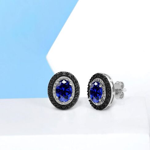 Jewelili Sterling Silver Accent Halo Stud Earrings for Women | 7x5 MM Oval Created Opal, Ruby & Blue Sapphire with Treated Black & Natural White Diamonds | Push Back Post | Jewelry Gift with Box in Saudi Arabia