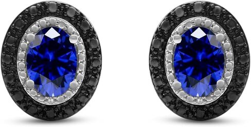 Jewelili Sterling Silver Accent Halo Stud Earrings for Women | 7x5 MM Oval Created Opal, Ruby & Blue Sapphire with Treated Black & Natural White Diamonds | Push Back Post | Jewelry Gift with Box in Saudi Arabia