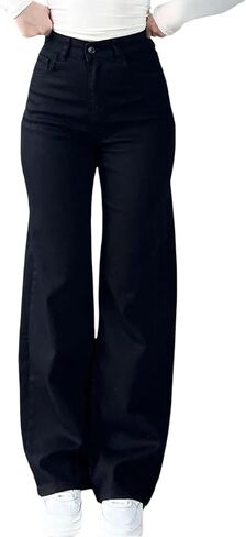 بنطال جينز نسائي واسع الساق مستقيم عالي الخصر قابل للتمدد من قماش الدنيم الكلاسيكي in Kuwait