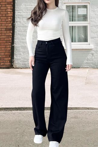 بنطال جينز نسائي واسع الساق مستقيم عالي الخصر قابل للتمدد من قماش الدنيم الكلاسيكي in Kuwait