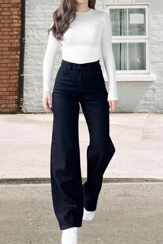 بنطال جينز نسائي واسع الساق مستقيم عالي الخصر قابل للتمدد من قماش الدنيم الكلاسيكي in Kuwait