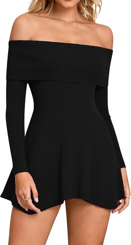 فستان حفلات قصير بأكمام طويلة مكشوف الأكتاف من GLNEGE سترة متماسكة على شكل حرف a مكشكشة فساتين قصيرة للنساء in Kuwait