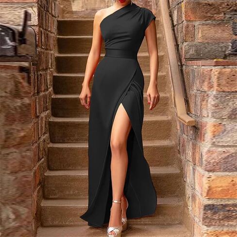 Women Sexy Slant Neck One Shoulder Long Dress High Split Maxi Party Dress in Saudi Arabia