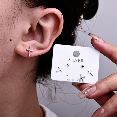 Small Tiny Cross Earrings for Women, 925 Sterling Silver Christian Earrings Set, God Blessing 14K Gold Cross Studs with CZ, Gold Plated S925 Religious Faith Jewelry, 3 Pairs in Kuwait