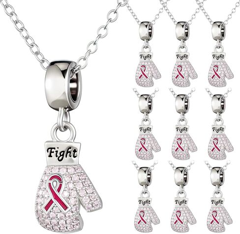 Tondiamo 10 Sets Breast Cancer Awareness Necklaces Bulk Pink Ribbon Crystal Charms Boxing Glove Fight Gift Necklaces with Encouragement Cards for Women Charity Survivor Campaign Party Favors in Saudi Arabia