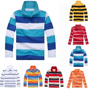 Boys Long Sleeve Pique Polo Shirts Cozy Performance Collared Neckline Comfort Stretch Golf Shirt Strip School Uniforms Shirts in Kuwait