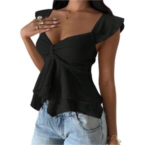 Milumia Women's Textured Peplum Tank Tops Y2k Ruffle Hem Cap Sleeve Sweetheart Neck Flowy Going Out T-Shirt in Saudi Arabia