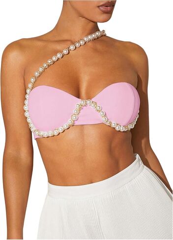OYOANGLE Women's Pearl Beaded One Shoulder Cut Out Micro Crop Top Party Clubwear Sleeveless Tops in Saudi Arabia