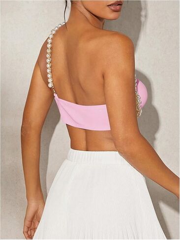 OYOANGLE Women's Pearl Beaded One Shoulder Cut Out Micro Crop Top Party Clubwear Sleeveless Tops in Saudi Arabia