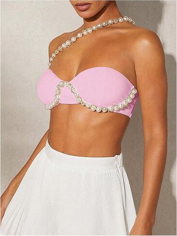 OYOANGLE Women's Pearl Beaded One Shoulder Cut Out Micro Crop Top Party Clubwear Sleeveless Tops in Saudi Arabia