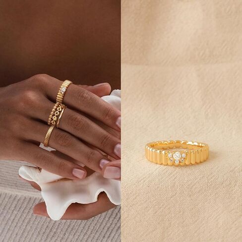 Women 14K Gold Flower Rings Ribbed Band Simple Stack Finger Jewelry in 3 Size in Saudi Arabia