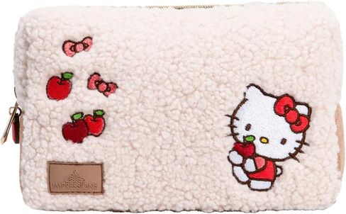 حقيبة مستحضرات التجميل من Impressions Vanity Hello Kitty Harvest للمحفظة، منظم حقيبة مكياج للسفر مع جيب خارجي منزلق، عمل فني Hello Kitty Apple، شيربا صناعي، توقيع متصل مطرز in Kuwait