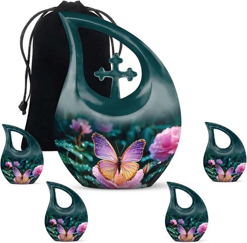 Butterfly Decorative Human Ashes Urn - Large Cremation Blue Urns for Husband and Wife - Beach Memorial Mini Urn (Set of 5-10" & 3") in Saudi Arabia