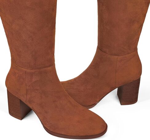 MUCCCUTE Knee High Boots for Women - Square Toe Chunky Block Heel Boots with Side Zipper Pull On PU Tall Boots in Kuwait