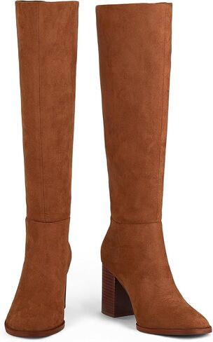 MUCCCUTE Knee High Boots for Women - Square Toe Chunky Block Heel Boots with Side Zipper Pull On PU Tall Boots in Kuwait