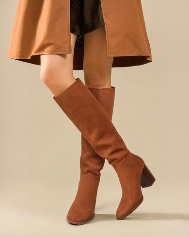 MUCCCUTE Knee High Boots for Women - Square Toe Chunky Block Heel Boots with Side Zipper Pull On PU Tall Boots in Kuwait