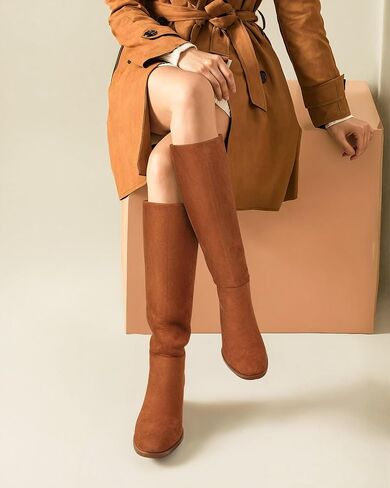 MUCCCUTE Knee High Boots for Women - Square Toe Chunky Block Heel Boots with Side Zipper Pull On PU Tall Boots in Kuwait