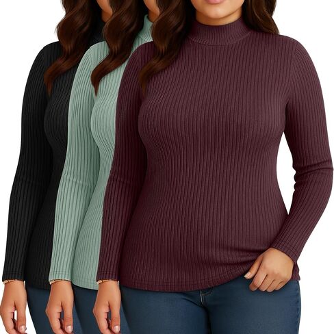 Riyiper 3 Pack Women's Plus Size Mock Turtleneck Tops, Long Sleeve Slim Fit Ribbed T-Shirts Pullover Sweater Basic Layer Top in Saudi Arabia