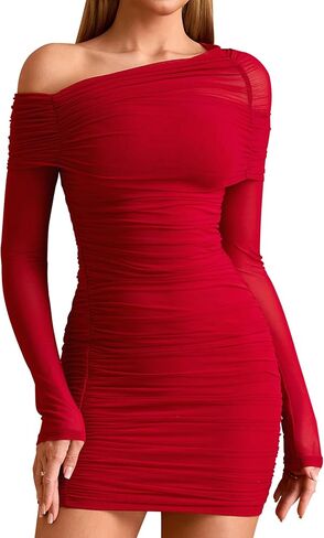 HTZMO Women Long Sleeve Sexy Off Shoulder Short Dress Bodycon Ruched Homecoming Going Out Party Club Mini Dress in Kuwait