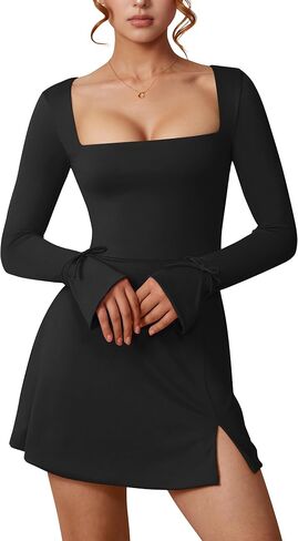 Women's Sexy Long Sleeve Square Neck Side Slit Party Night Out A-line Mini Dress in Kuwait
