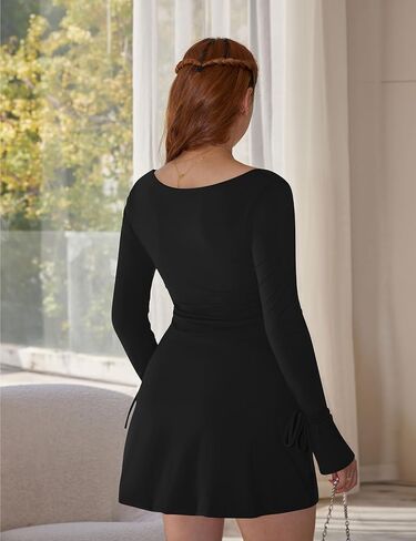 Women's Sexy Long Sleeve Square Neck Side Slit Party Night Out A-line Mini Dress in Kuwait