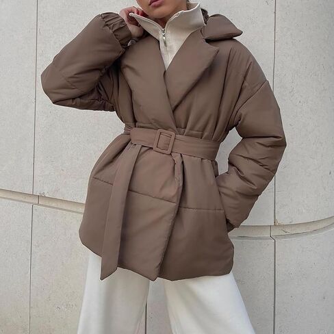 Women's Winter Jacket with Belt Lapel Long Sleeve Windbreaker Coat Fashion Solid Color Thicken Trench Coat with Pockets in Saudi Arabia