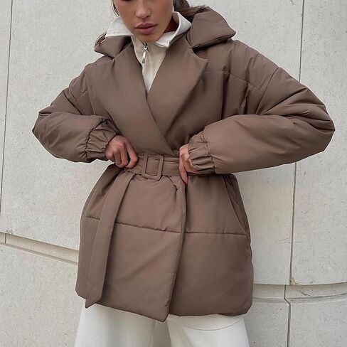 Women's Winter Jacket with Belt Lapel Long Sleeve Windbreaker Coat Fashion Solid Color Thicken Trench Coat with Pockets in Saudi Arabia