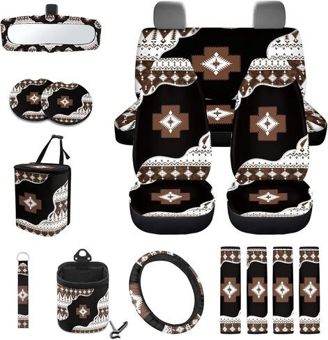 CLOHOMIN Aztec Western Car Seat Cover Set of 15 Geometric Auto Steering Wheel Cover Seat Belt Strap Pad Cup Holder Trash Bag Air Vent Organizer Rear View Mirror Protector Keychain in Kuwait