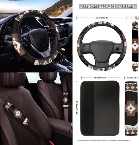 CLOHOMIN Aztec Western Car Seat Cover Set of 15 Geometric Auto Steering Wheel Cover Seat Belt Strap Pad Cup Holder Trash Bag Air Vent Organizer Rear View Mirror Protector Keychain in Kuwait