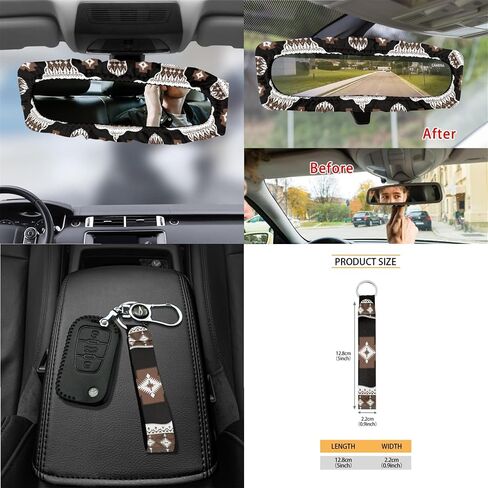 CLOHOMIN Aztec Western Car Seat Cover Set of 15 Geometric Auto Steering Wheel Cover Seat Belt Strap Pad Cup Holder Trash Bag Air Vent Organizer Rear View Mirror Protector Keychain in Kuwait